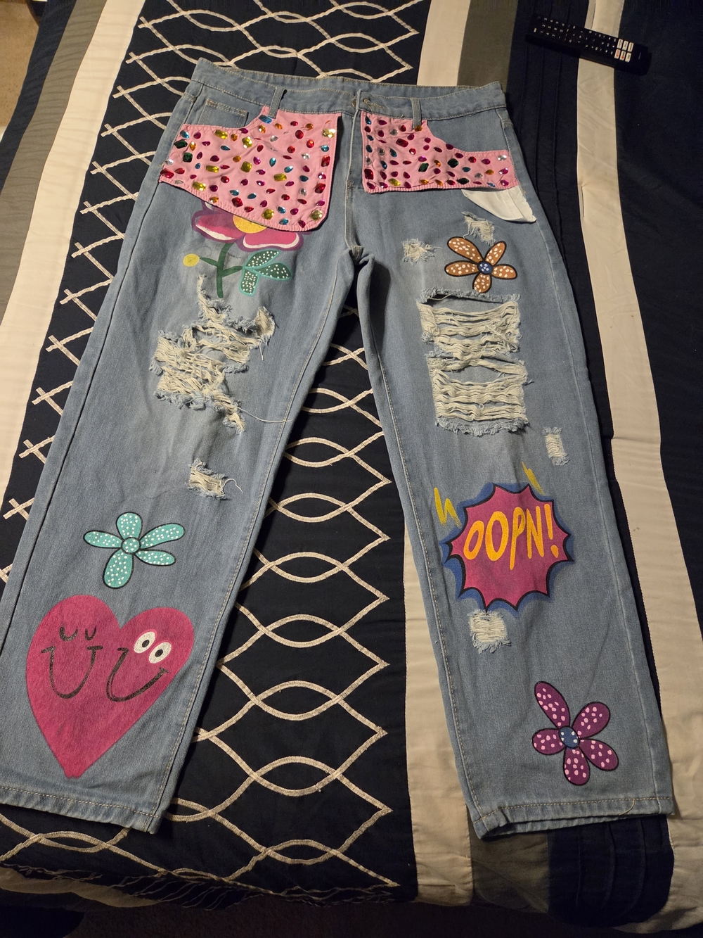 Embellished Light Blue Women's Jeans with Pink Accents